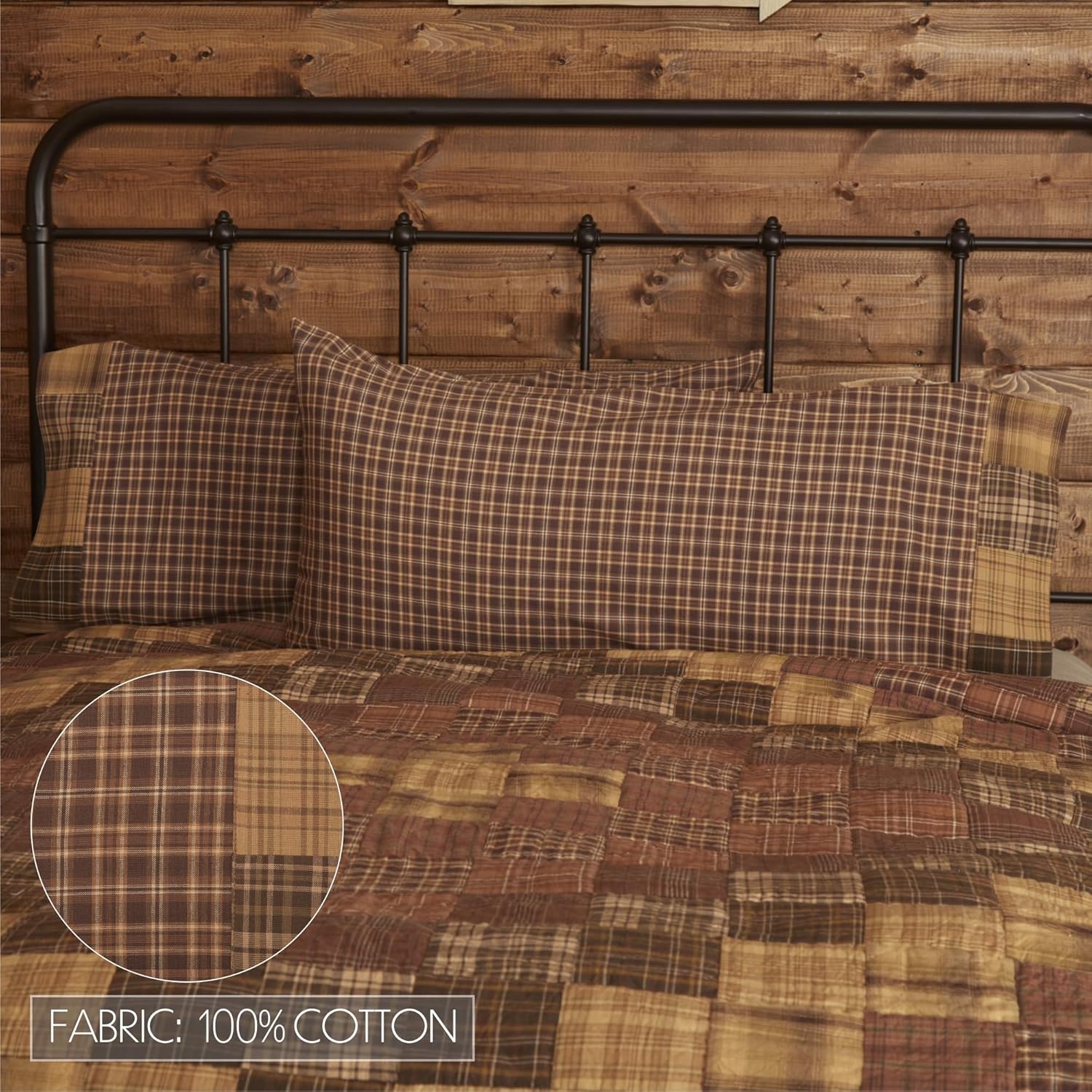 VHC Brands Prescott Block Border Plaid Cotton Rustic Patchwork Bedding Accessory, King Pillowcase Set 21x40