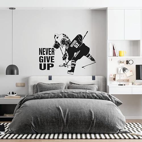 Calcomanía de pared personalizada de jugador de hockey, cita de Never Give Up, personaliza tu propio nombre y números, calcomanía de vinilo