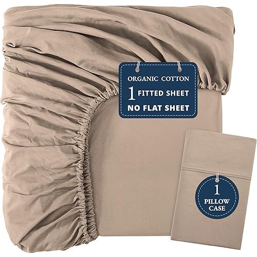 LANE LINEN 100% Organic Cotton Twin Fitted Sheet & Pillowcase Set, Percale Weave, Ultra Soft, Breathable, Fits Mattress Up To 15" Deep - Taupe (No Flat Sheet)