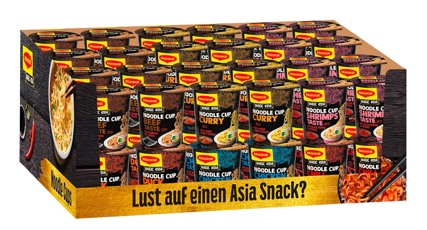 Maggi Magic Asia Noodle Cups Sortimentsbox Instant-Nudeln in 6 verschiedenen Geschmacksrichtungen Leckere Fertiggerichte im praktischen Becher 48er Pack (48 Becher)