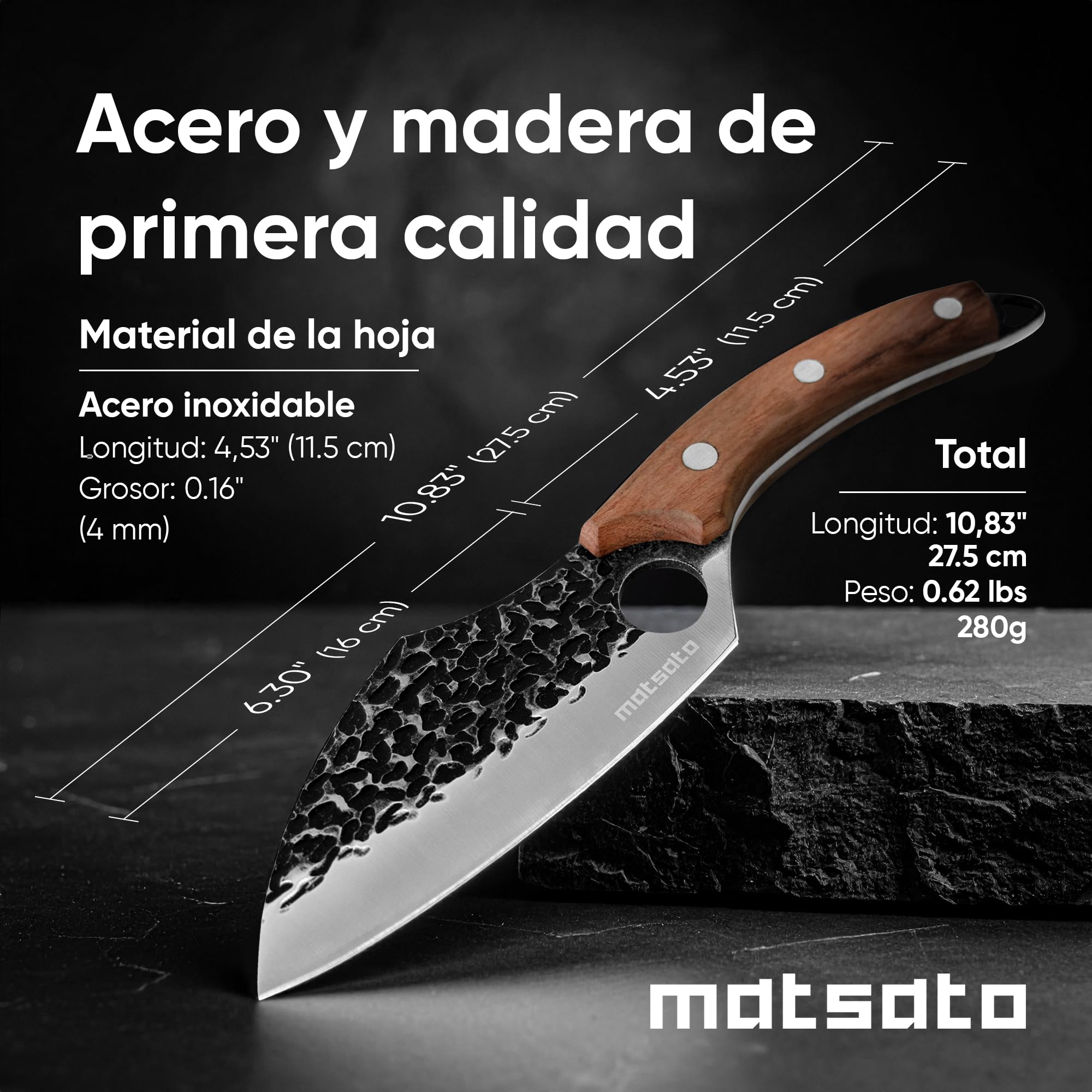 Matsato Juego 3 Cuchillos de Cocina Profesionales Mango Madera | Cuchillo chef, cuchillo para carne y cuchillo universal. Mango ergonómico de madera.