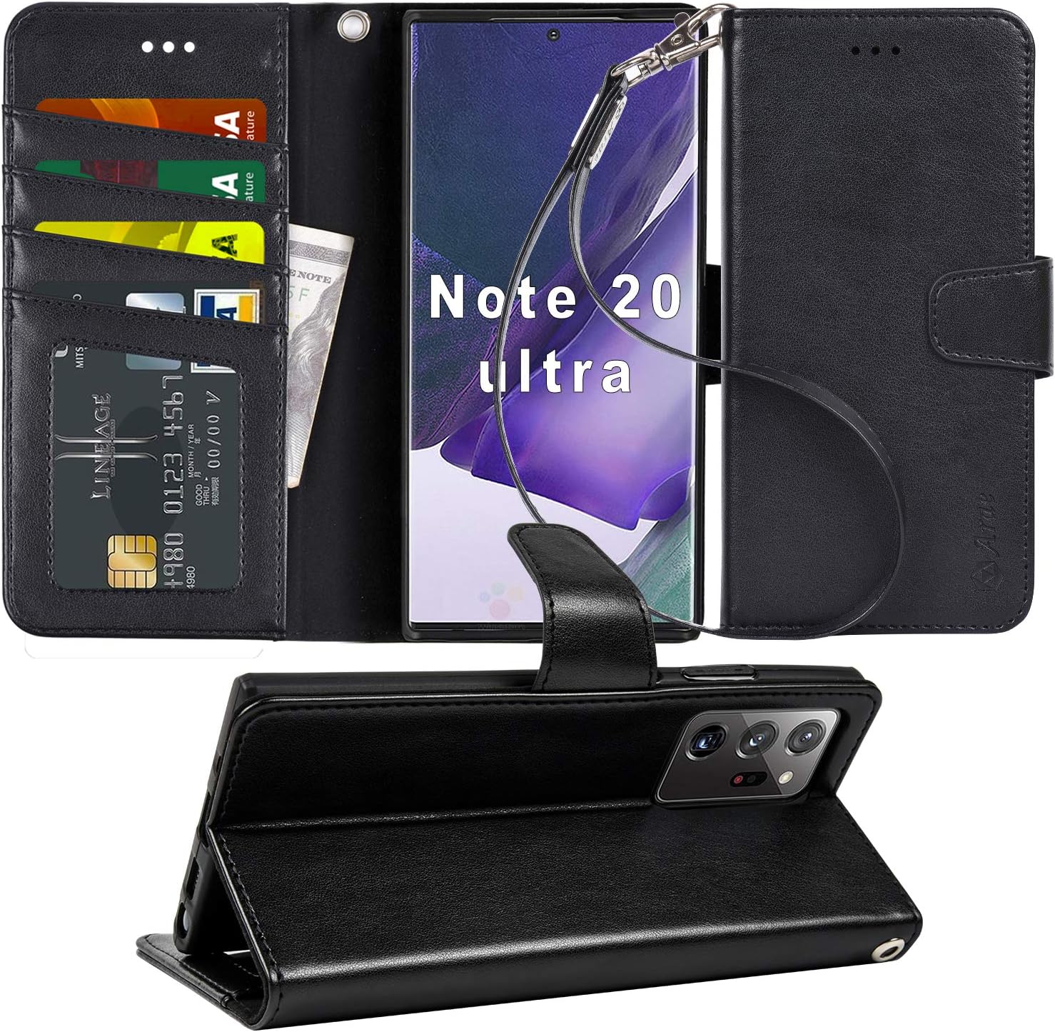 Arae Wallet Case for Samsung Galaxy Note 20 Ultra with Wrist Strap and Credit Card Holders - Black