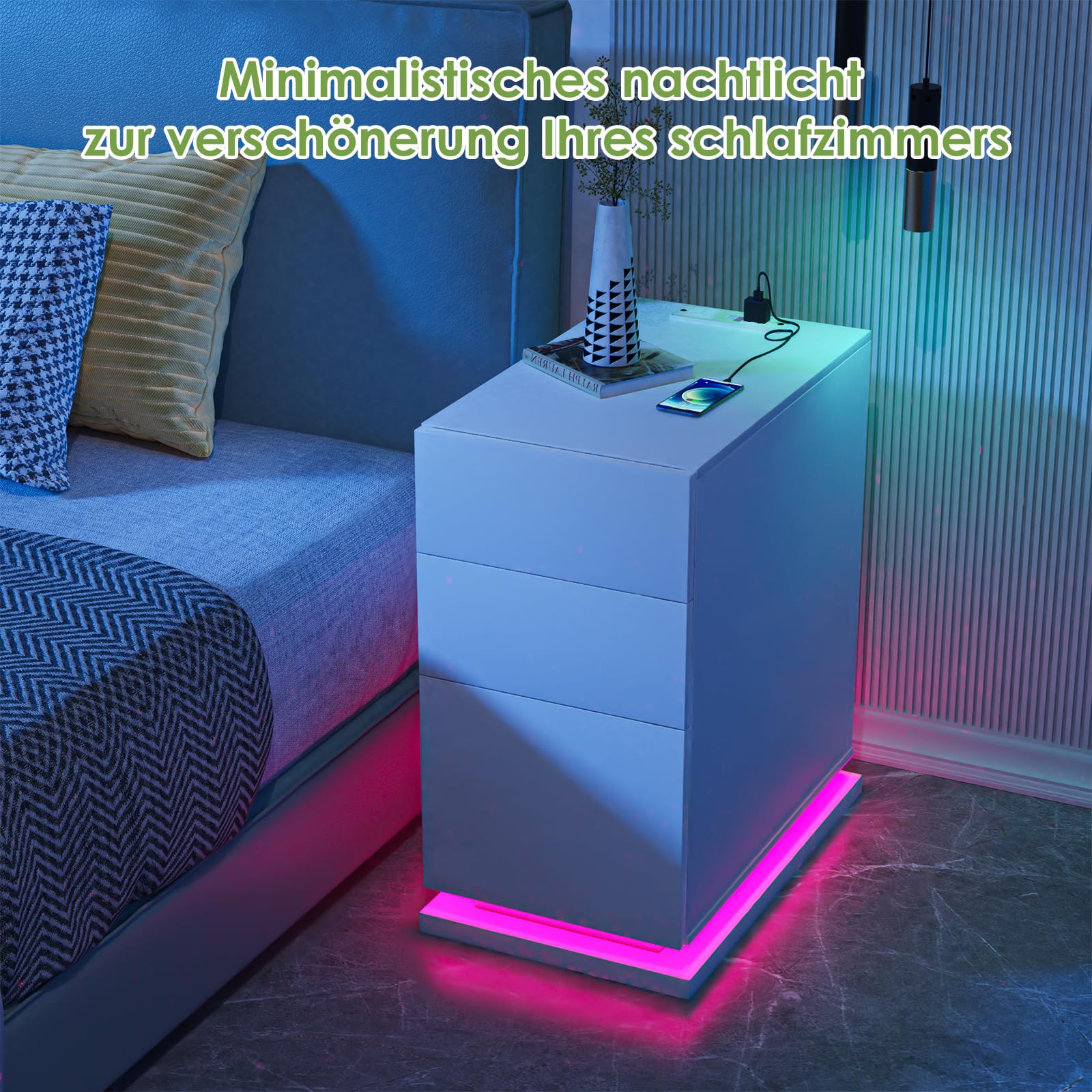 Supfine LED nachtkastje met 3 laden, nachtkastje smal met stekkerdoos, 16 kleurveranderingen, afstandsbediening, 53x30x62cm (wit