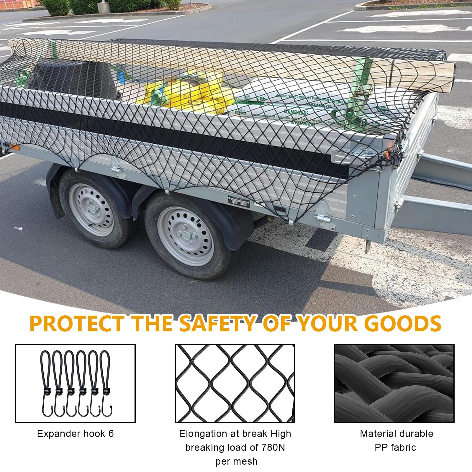 Filet Protection pour remorque 1.5 x 2.2 m, Accessoires avec Corde et Clips, Noir