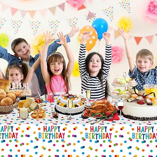 Miniatura 6 de T-Antrix Paquete de 3 manteles de fiesta de feliz cumpleaños, 54 x 108 pulgadas, desechables, de plástico, impermeables, coloridos lunares