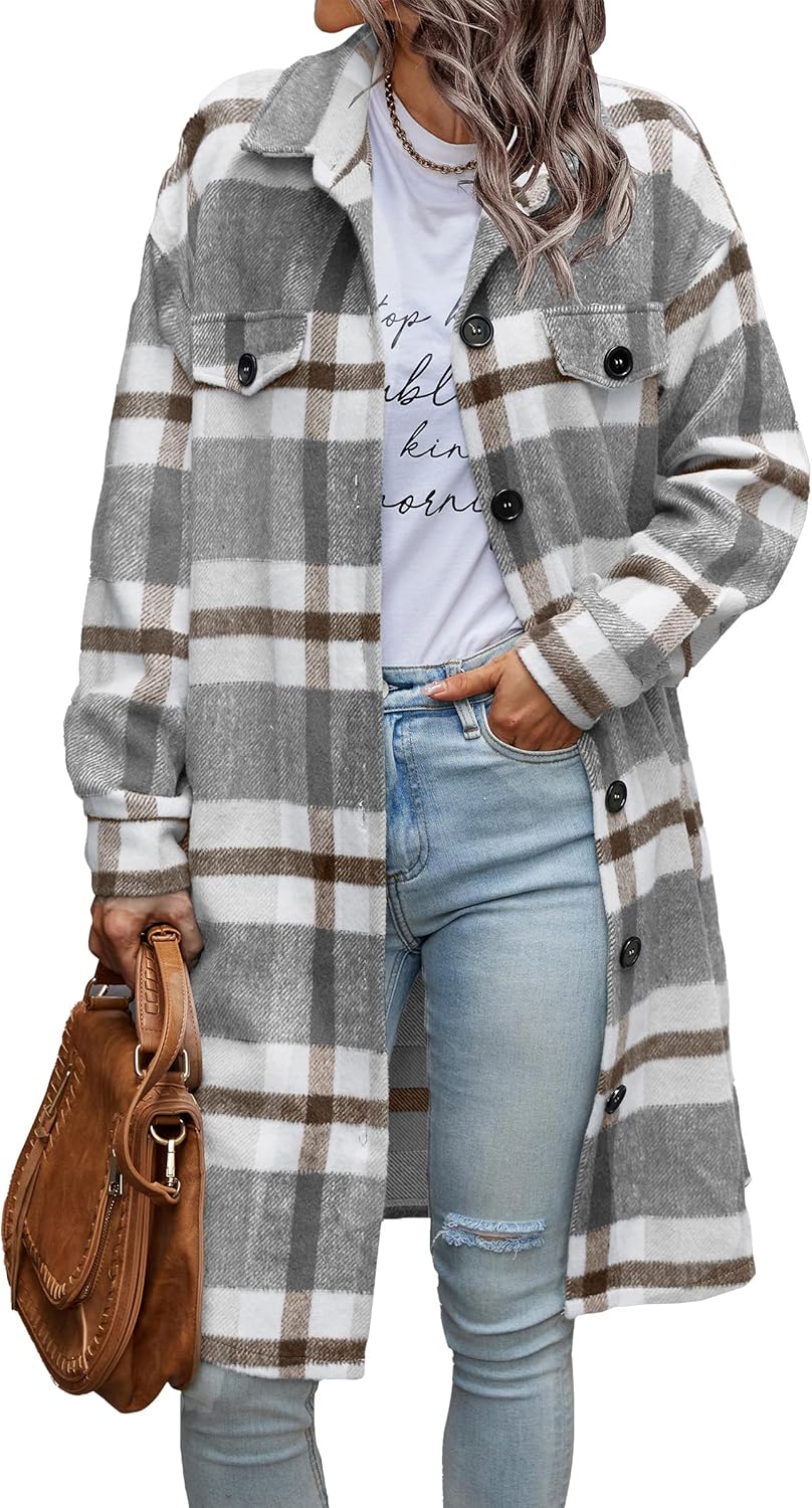 PRETTYGARDEN Womens Plaid Shacket Jacket Fall Fashion 2026 Long Sleeve Button Up Flannel Shirt Winter Clothing Woolen Coats