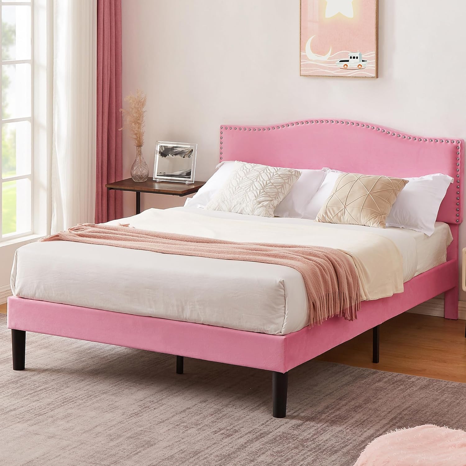 VECELO Queen Bed Frame, Platform Bed Frame with Adjustable Height Upholstered Headboard, Heavy-Duty Frames and Strong Wooden Slats Support, Non-Slip and Noise-Free, Easy Assembly, Pink