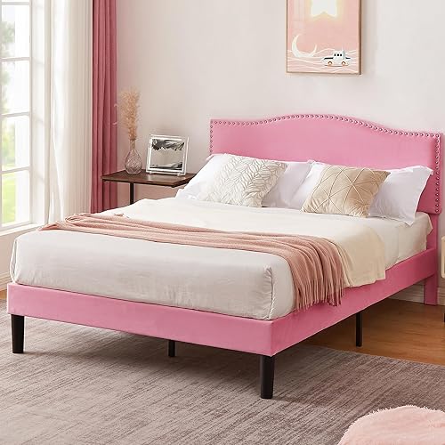 Miniatura 20 de VECELO Base de cama tamaño Queen, base de cama de plataforma con cabecera tapizada de altura ajustable, marcos resistentes y fuerte soporte