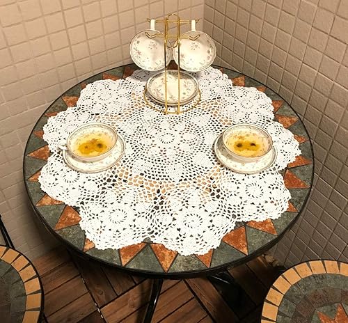 Vista 19 de Manteles redondos de encaje hechos a mano de color beige de ganchillo de algodón de 35 pulgadas.