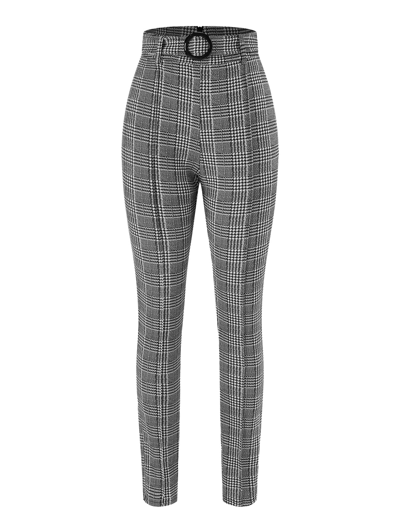 Womens Plaid Skinny Dress Pants Elegant Belted High Waisted Leggings Work Office Trousers