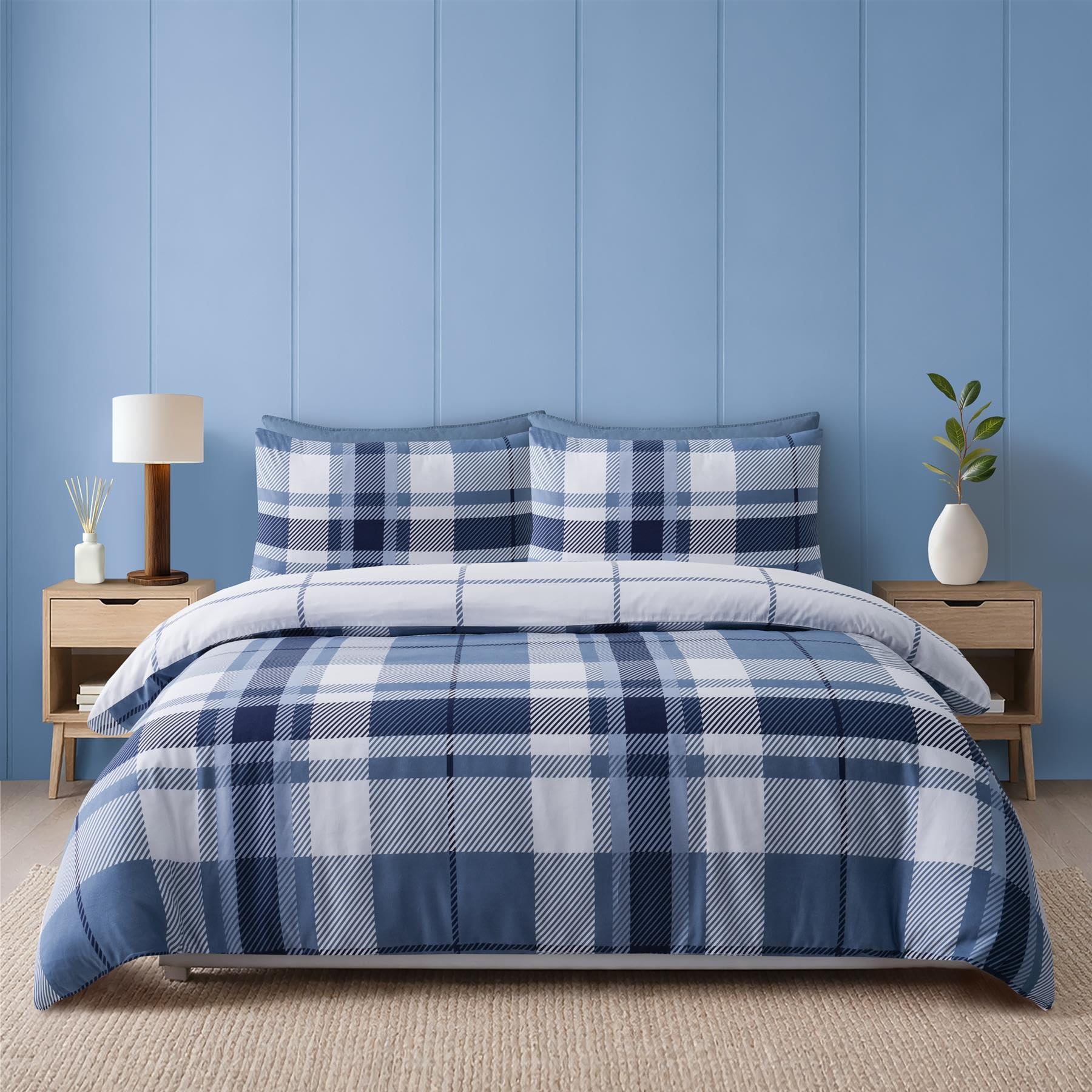 Adore Home Blue Check Single Duvet Cover Set Blue & White Check Reversible Microfibre Bedding Soft Warm Includes Pillowcase