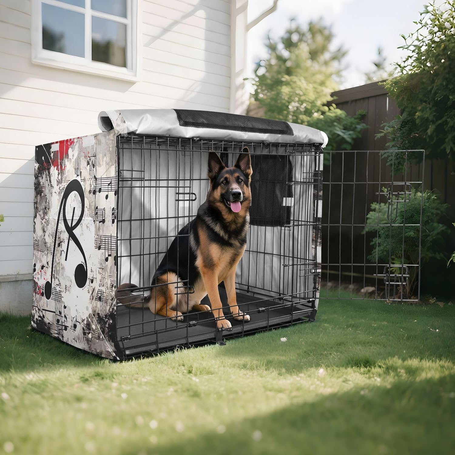 Creative Musical Clef Dog Crate Cover S-XL Washable Pet Kennel Cover with Mesh Windows, Reduces Barking, X-Large