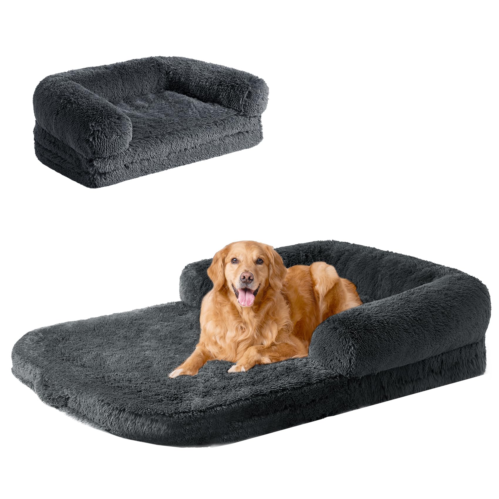 EHEYCIGA Foldable XXL Dog Bed, Faux Fur Fluffy Dog Bed for Extra Large Dogs, Orthopedic Calming Memory Foam Big Dog Couch Bed, Washable Soft Dog Sofa Bed with Non-Slip Bottom, Dark Grey, 54"x38"x8.5"