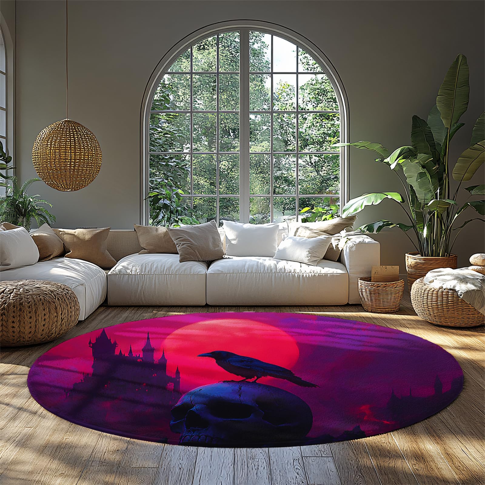Tapis Rond pour la Décoration d'Entrée Crâne Brume et Rouge Pleine Lune 150 cm