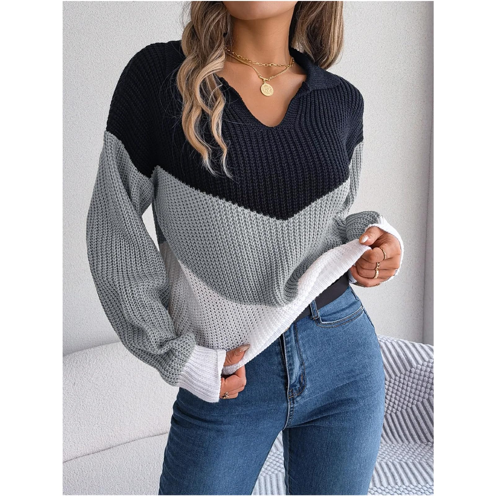 Sweter dla kobiet Jesień Zima Temperament Casual Kołnierz Kontrastowy Luźny Rękaw Elegancki Dzianinowy Sweter Street Damski Sweter