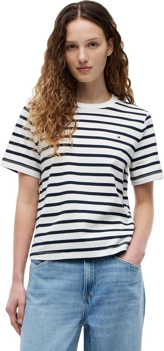 Tommy Hilfiger Camisetas de cuello redondo con logotipo gráfico de algodón de manga corta para mujer