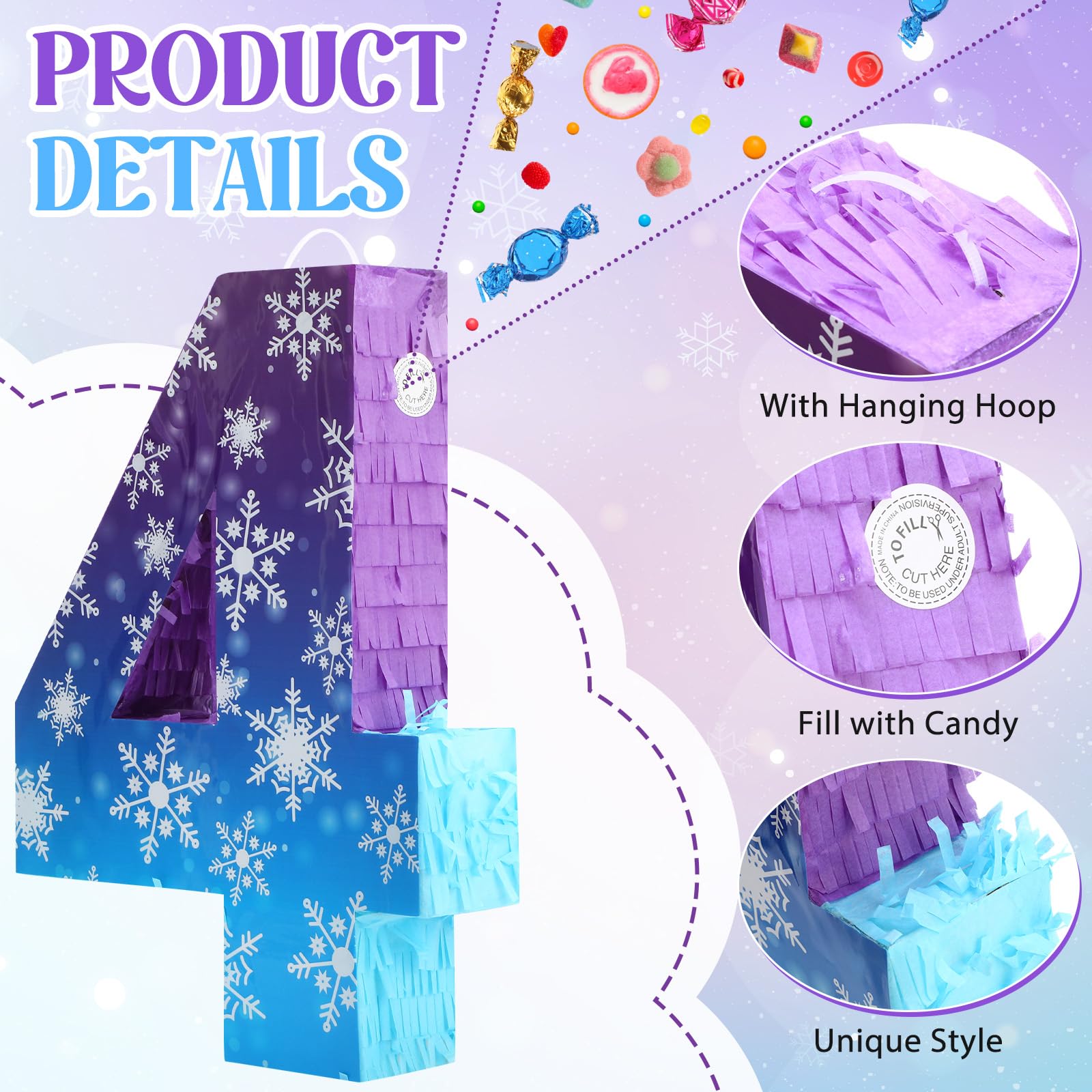 Skylety Décorations d'anniversaire en forme de flocon de neige - Piñata numéro 4 avec bâton - Bandeau pour les yeux et confettis - Décoration de fête d'anniversaire - Princesse d'hiver