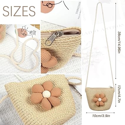 MAMUNU Straw Hat And Small Bag Set, Summer Sun Hat Girls Children's Straw Hat With Flower Decoration For Tourism Holiday Travel Beach Outdoor Activities, Style 02 Pink