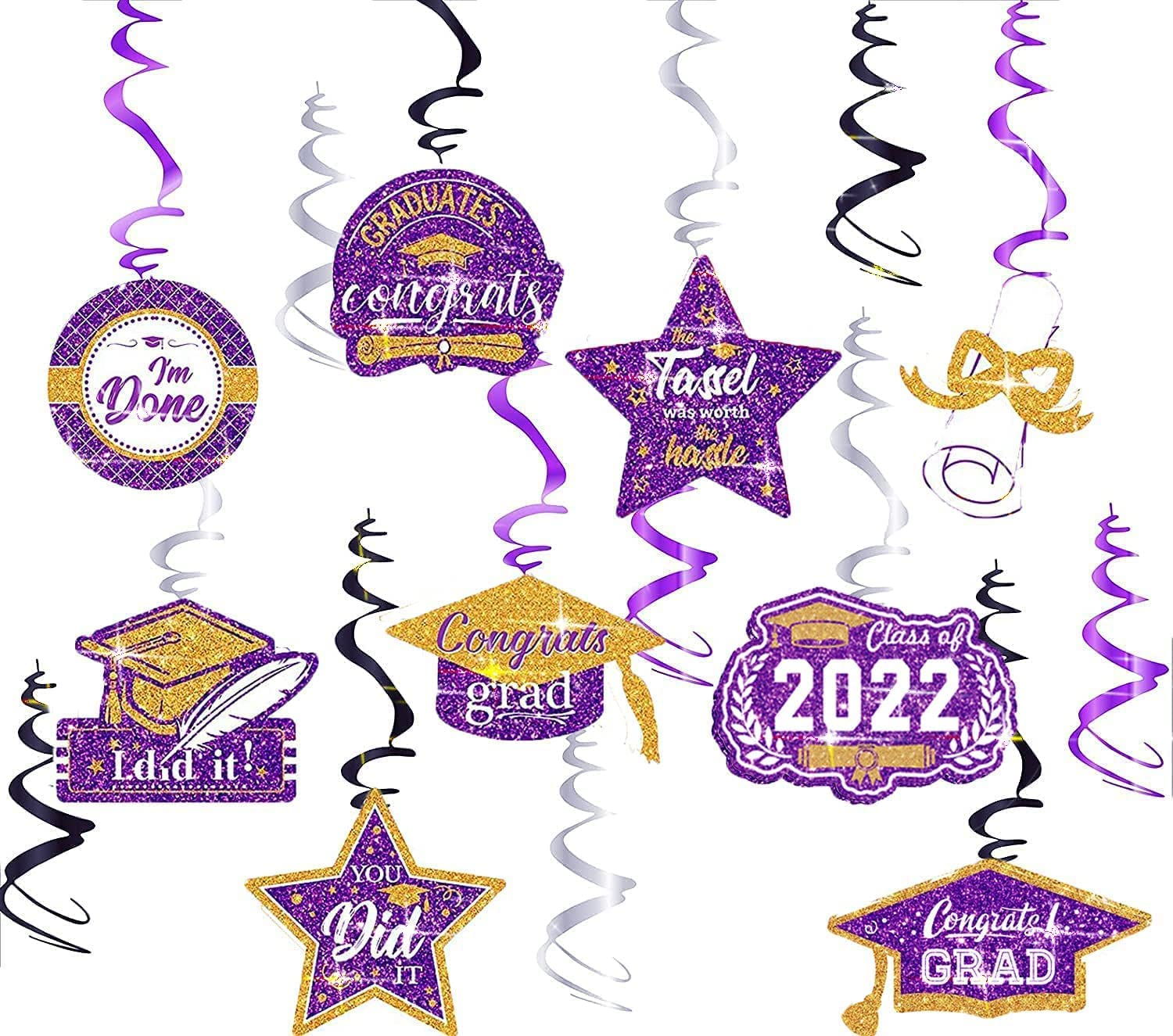 Qian's Party Graduation Decorations Purple Gold 2021 Hanging Swirls 15pcs Class of 2021 Purple Gold for Backdrop Background Ceiling Home Classroom Graduation Party Decorations
