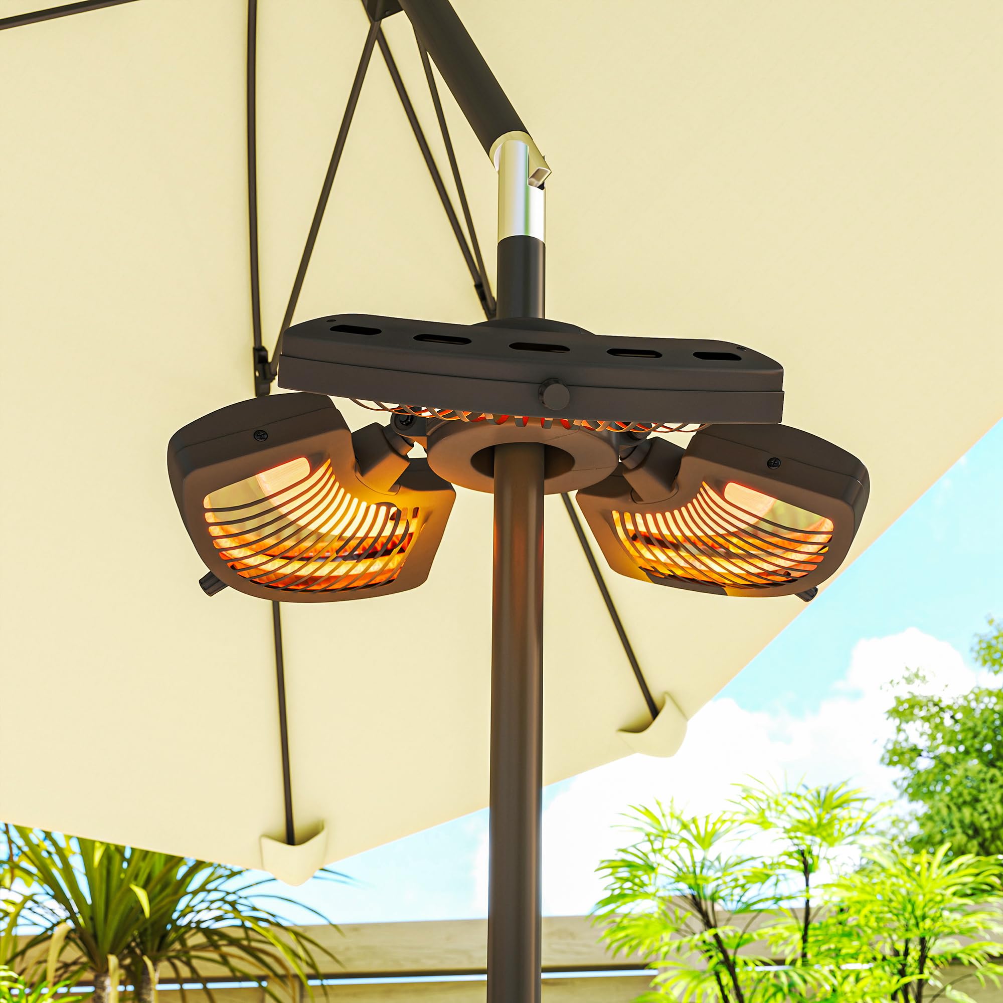 Outsunny Calefactor por Infrarrojos para Parasol 800/1600/2400W Negro | Estufa Exterior Eléctrica de Aluminio, 3 Niveles de Calentamiento, Protección Antivuelco, IP44, para Terraza Patio Jardín