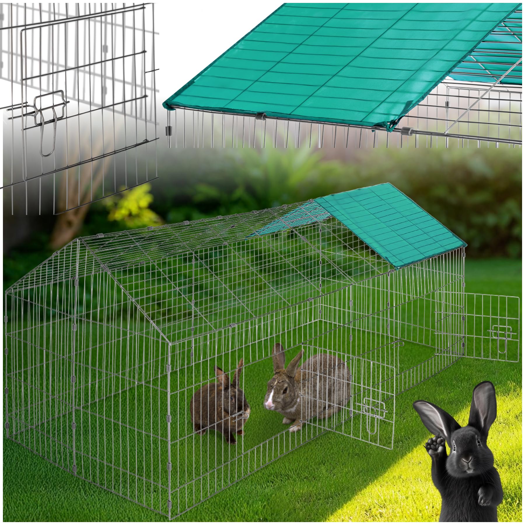 tectake® Gabbia da esterno per conigli, recinto con protezione parasole, griglia metallica resistente, conigliera, gabbia per piccoli animali, porcellini d'india, stabile, 180 x 75 x 75 cm - Verde