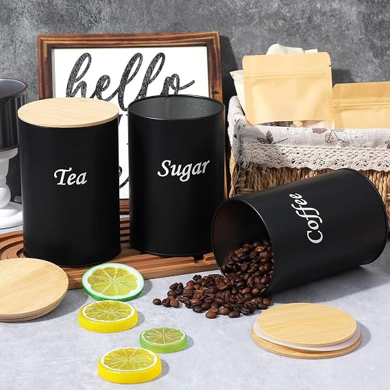 Tea Coffee Sugar Canisters Set of 3, Stackable Airtight Tin Storage Jars