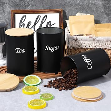 Tea Coffee Sugar Canisters Set of 3, Stackable Airtight Tin Storage Jars