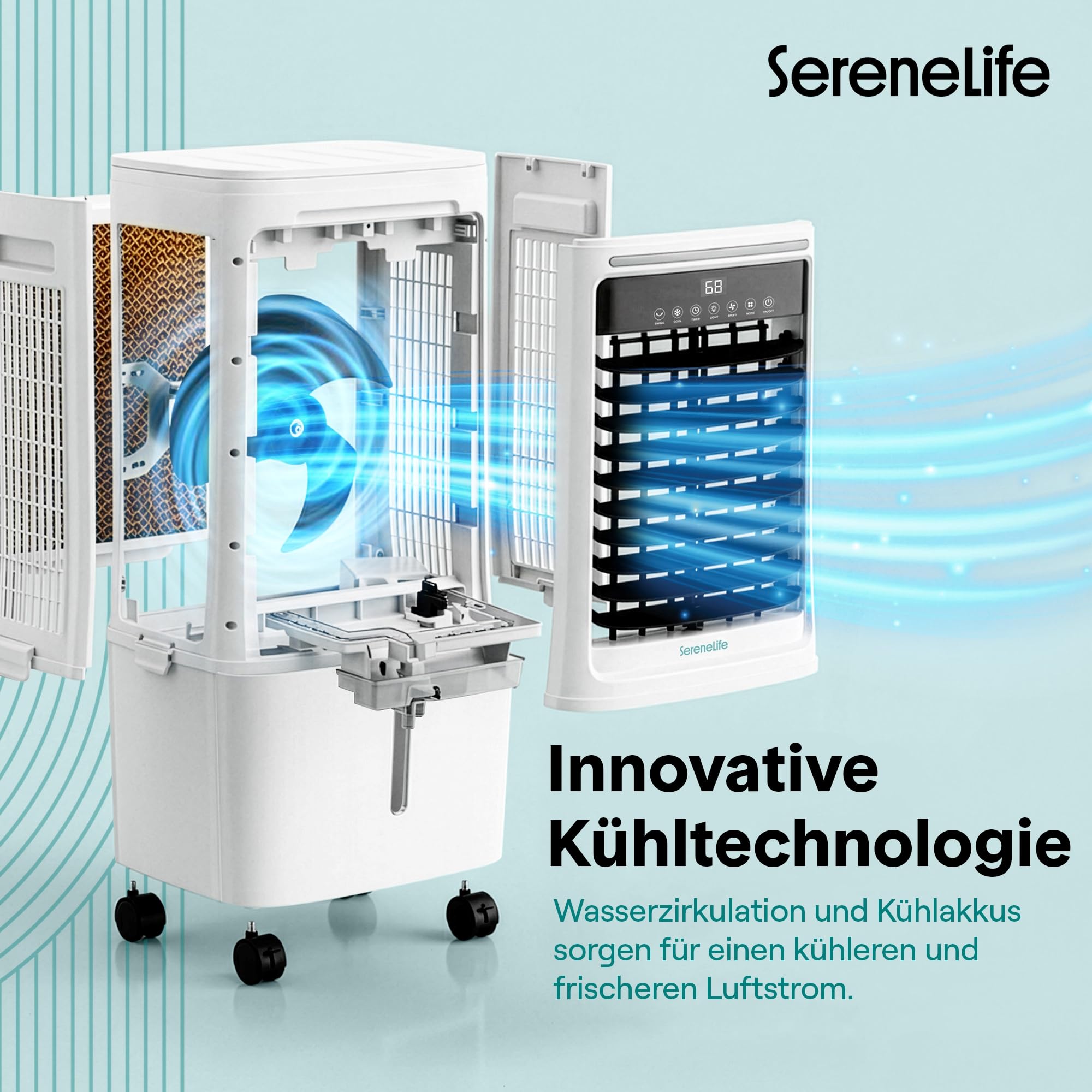 SereneLife Klimaanlage ohne Abluftschlauch, 25L Verdunstungsluftkühler für Große Räume, 1700 CFM, Kühlakku-Funktion, Timer Abnehmbarer Wassertank 80W, 60/120°Oszillation, Leise mit Rollen