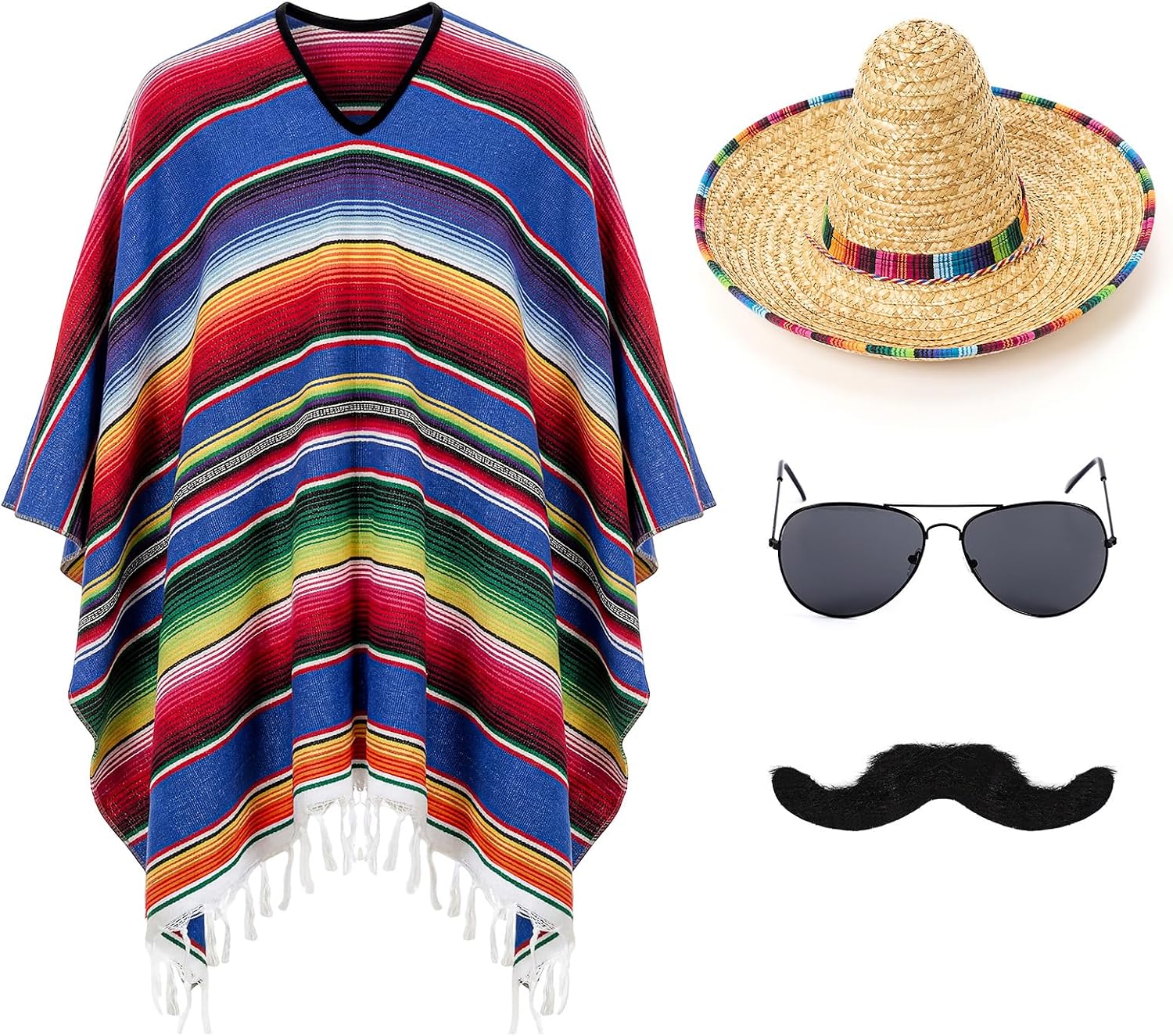 Yahenda 4 Pcs Colrful Costume Set for Adults Include Colrful Serape Poncho Sombrero Sunglasses Moustache