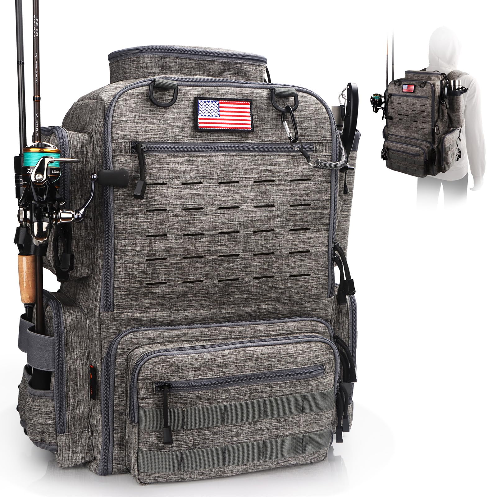 FunVZU Fishing Backpack, Fishing Tackle Backpack with Rod Holders for 4 Boxes (Box Not Included) 45L Waterproof Fishing Gear, Ideal for Men and Women Tackle Box Bag (Storm Gray)