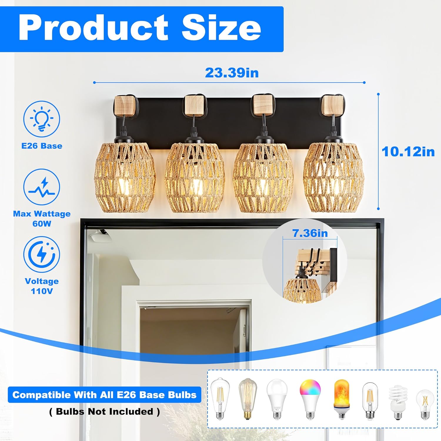 OKELI 4-Light Bathroom Vanity Light Fixtures Over Mirror, Hand-Woven Boho Rattan Wicker Wall Sconce, Rustic Farmhouse Natural Wood Black Vanity Lighting for Bathroom Bedroom Hallway, E26 Base