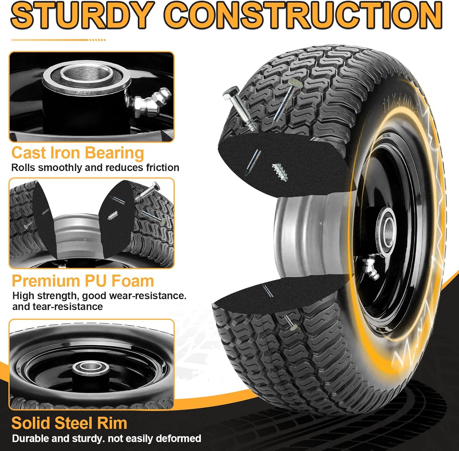 11x4.00-5 Flat Free Lawn Mower Tires, Zero Turn Mower Front Tires, 11x4-5 Solid Lawn Tractor Wheel with Rims, 3/4" or 5/8" & 1/2" Precision Bearings, 3.4"-3.9"-4.9"-5.9" Center Hub (2 Pack Black)