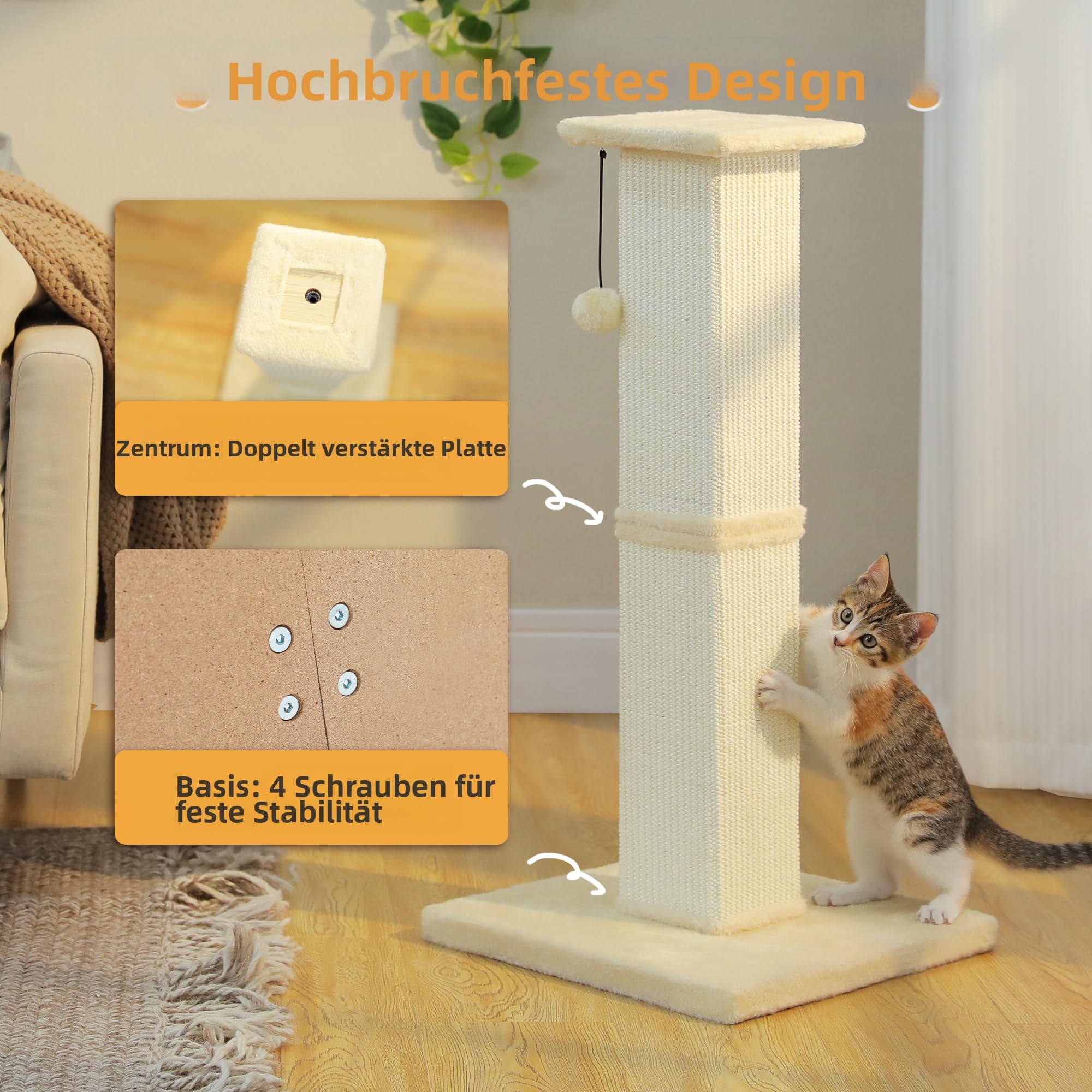 PETEPELA große Kratzsäule für Katzen, 82 cm hoch Kratzbaum für Wohnungskatzen, Stabiler Sisal-Kratzstamm mit großer Bodenplatte und Spielball – Beige