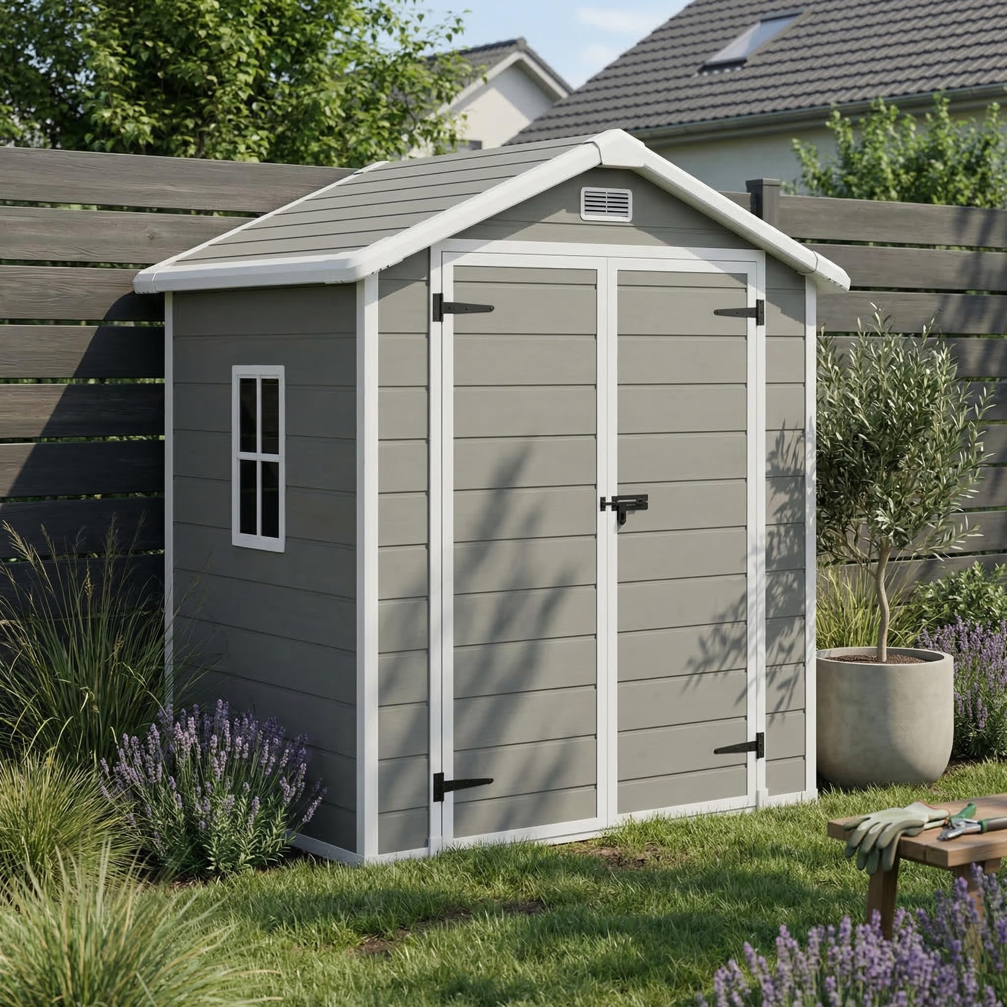 STEELSØN Novara Gerätehaus – Gartenschuppen mit Satteldach & Fenster – Gartenhaus 210x134x182 cm (HxTxB) – Geräteschuppen aus Kunststoff in Grau – Gartenhütte wetterfest & rostfrei – Schuppen