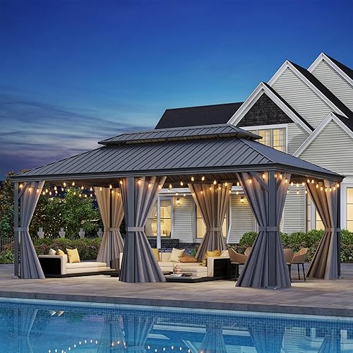 Domi 14'x24' Outdoor Gazebo, Hardtop Gazebo with Aluminum Frame, Heavy Duty Pavilion Gazebo for Patio Deck Backyard,Curtain and Netting,Grey