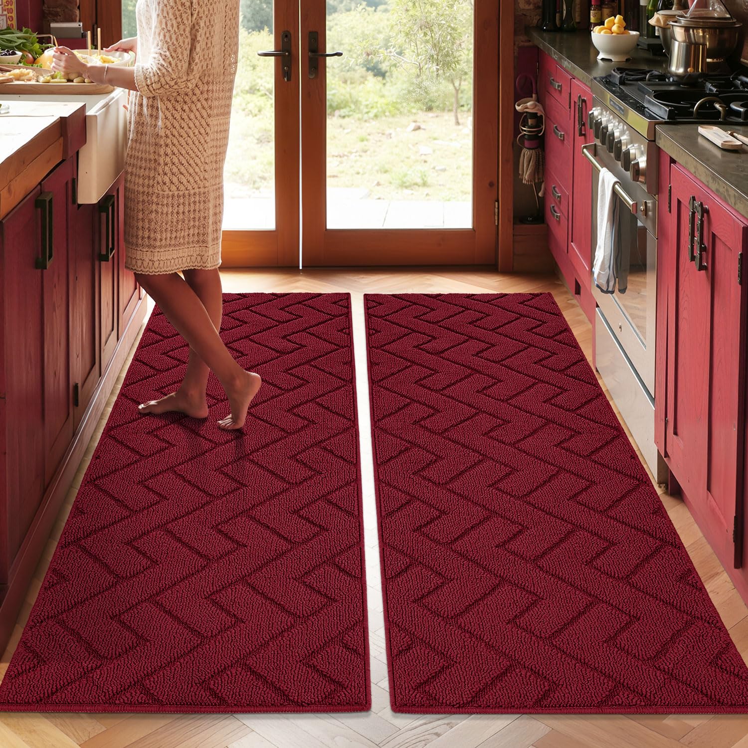 hicorfe Kitchen Runner Rugs and Mats Sets,2 Pieces Absorbent Non-Slip Kitchen Rug,Comfort Kitchen Mat for Floor,Washable for Kitchen,Hallway,Office,Sink,Laundry(20"x48"+20"x48",Red)