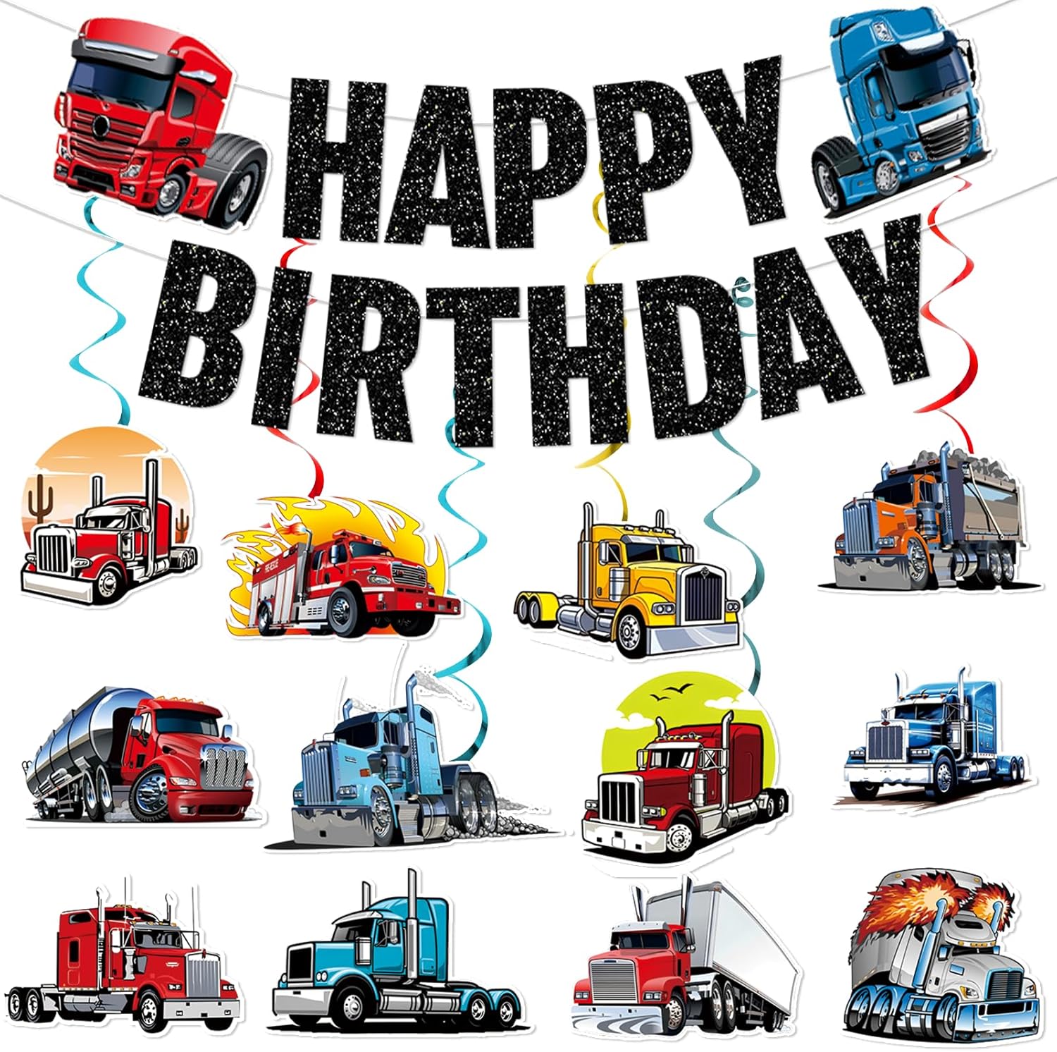 Semi Truck Birthday Party Decorations Truck Birthday Decorations with Construction Banner Hanging Swirls Sticker for Transportation Party Decor