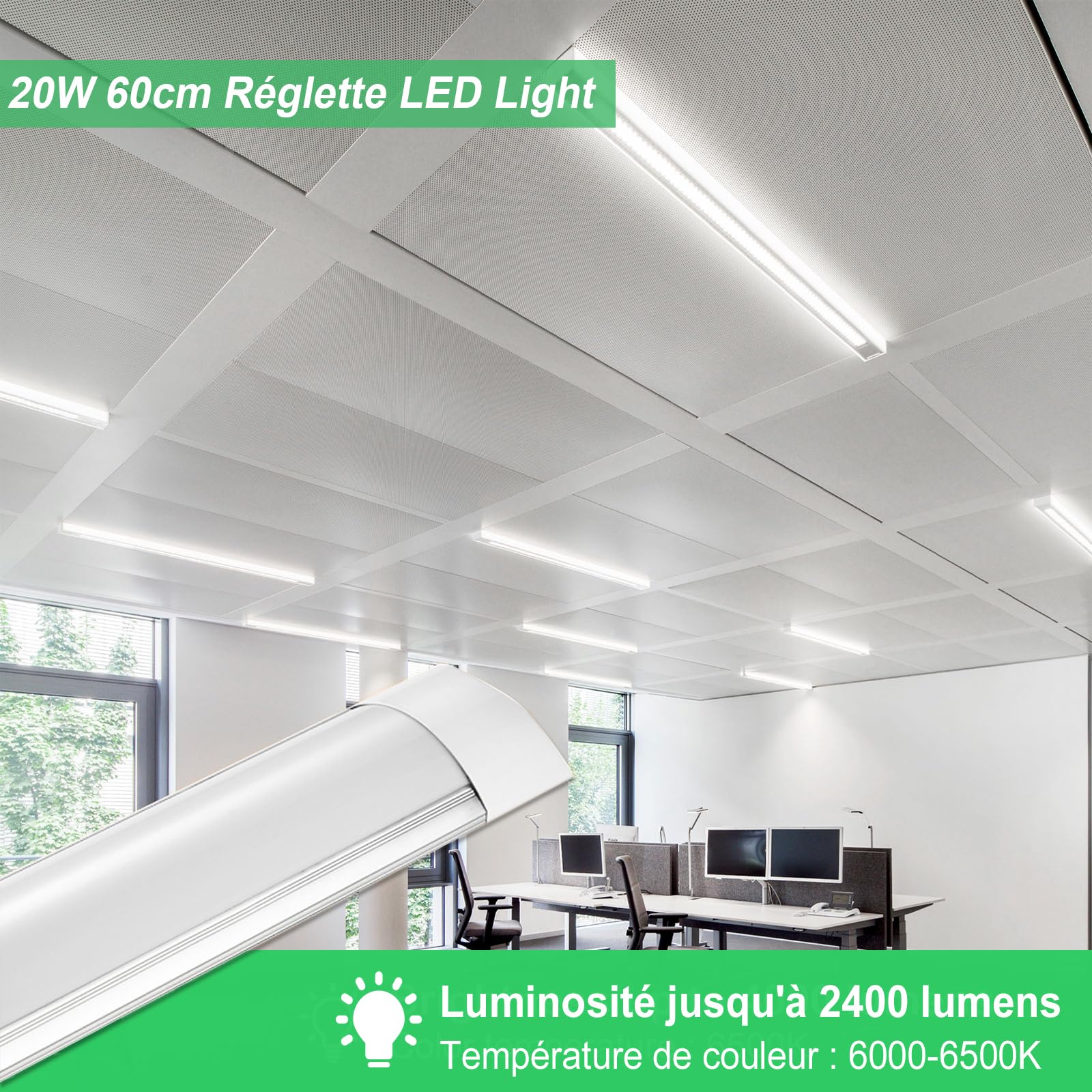 Sararoom 1 x 60 cm Bande LED Néon 20W - 2400LM 6500K Blanc Froid 60.0cm Plafonnier LED Garage Atelier Plafonnier LED Néon pour Lampe de Bureau Plafond Chambre Sans Prise Pas de Terre