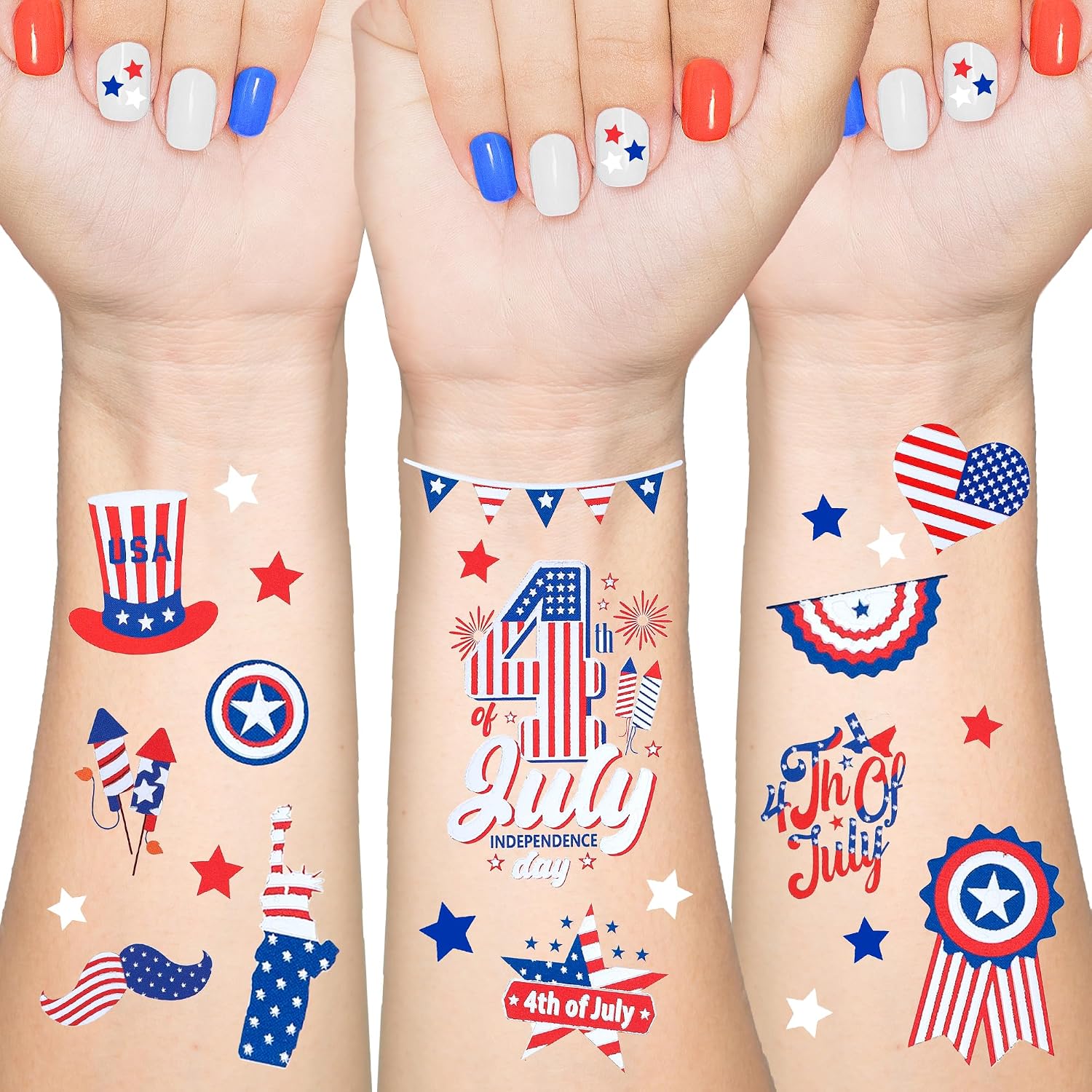 4th of July Party Favors Set, Fourth of July Decorations 158 Pcs Accessories Includes Slap Bracelets, Necklaces, USA Flags, Tattoos, Wristbands, Glasses, Headbands, Moustaches, Red White and Blue