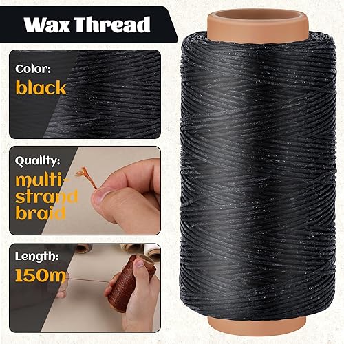 Miniatura 2 de Tikjiua Hilo encerado, hilo de coser de cuero de 492 pies con agujas de coser para reparación de tapicería, agujas curvas, hilo de cuero negro y