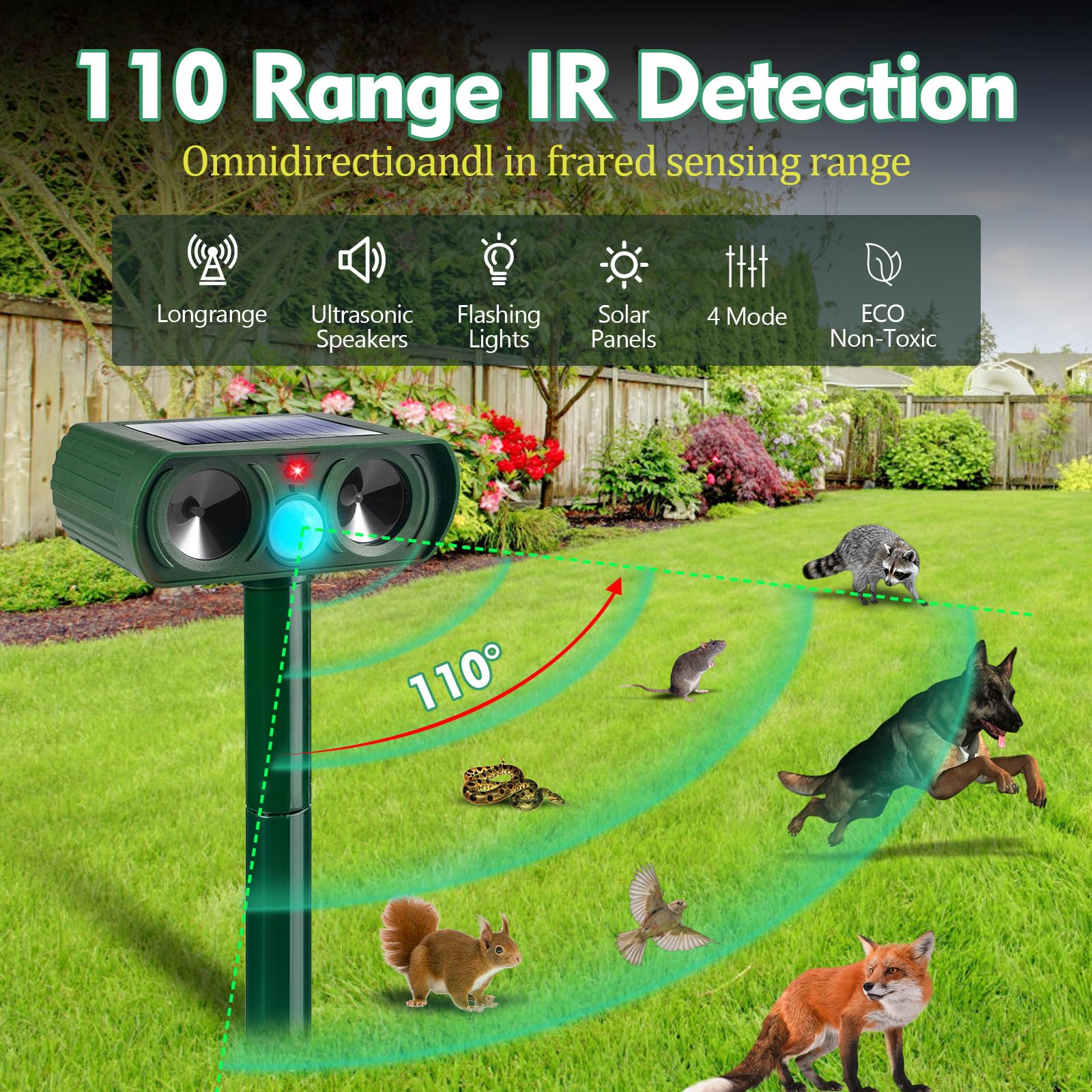 Repellente per gatti, repellente solare a ultrasuoni a 360° per animali domestici, dissuasore per volpi con sensore di movimento, 5 modalità regolabi | Leroy Merlin
