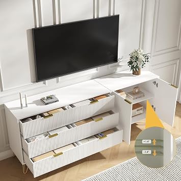 78 Fluted TV Stand for TVs up to 80 Inch, Entertainment Center with Storage and Adjustable Shelves, Modern Media Console with Golden Handles for Living Room, White
