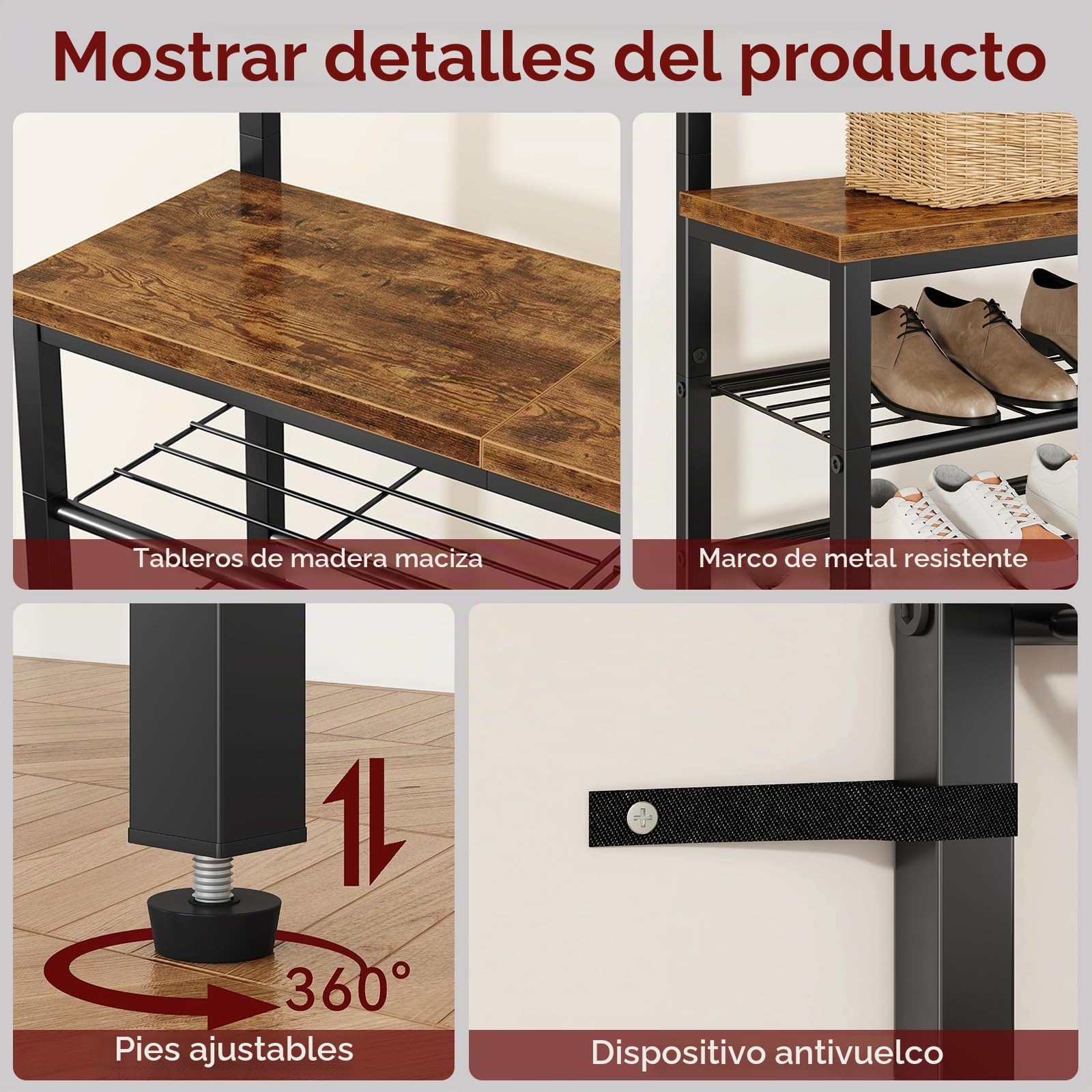 IBUYKE 188cm de Perchero con Zapatero, 5 Niveles de Estantes para Zapatos con 9 Ganchos Ajustables, Perchero con Banco para Entrada Pasillo Dormitorio, Marrón Rústico y Negro TXJ007H