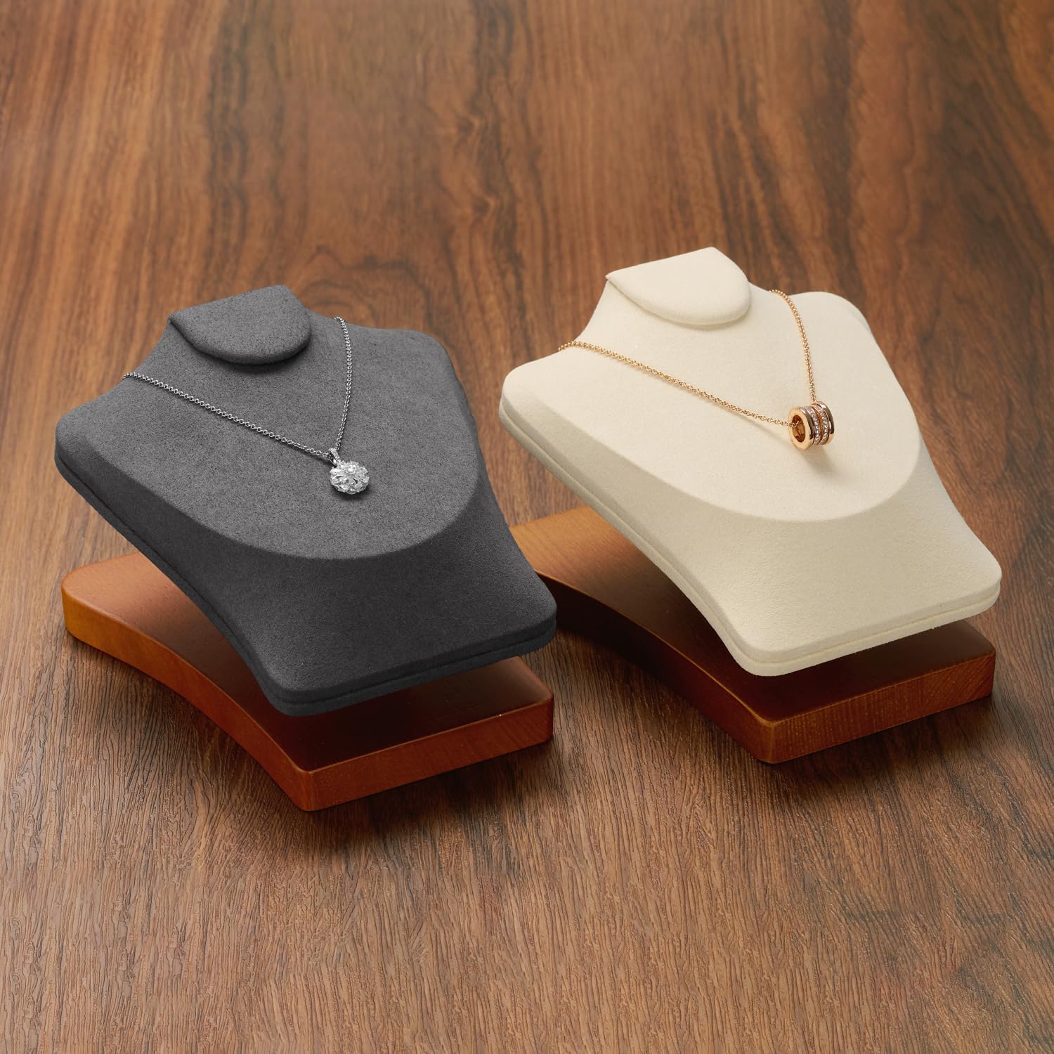 Necklace Display Stand, Solid Wood Base, Horizontal Jewelry Bust, Microfiber Surface, Beige and Dark Gray (Beige)