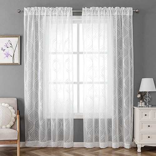 Miniatura 2 de VISIONTEX Paneles de cortinas traslúcidas bordadas con enrejado marroquí, decoración francesa con bolsillo para barra, cortinas de gasa de tul para