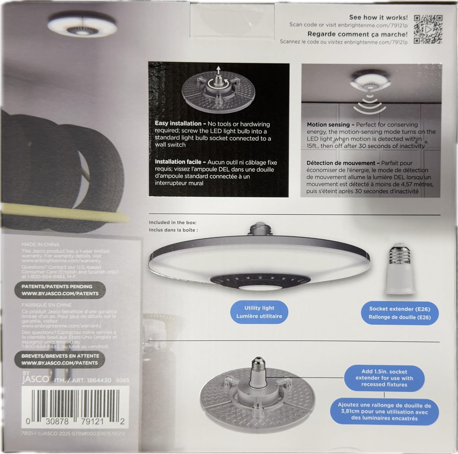 Back view of the Enbrighten LED Utility Light product packaging, showing easy installation, motion sensing details, and included socket extender.