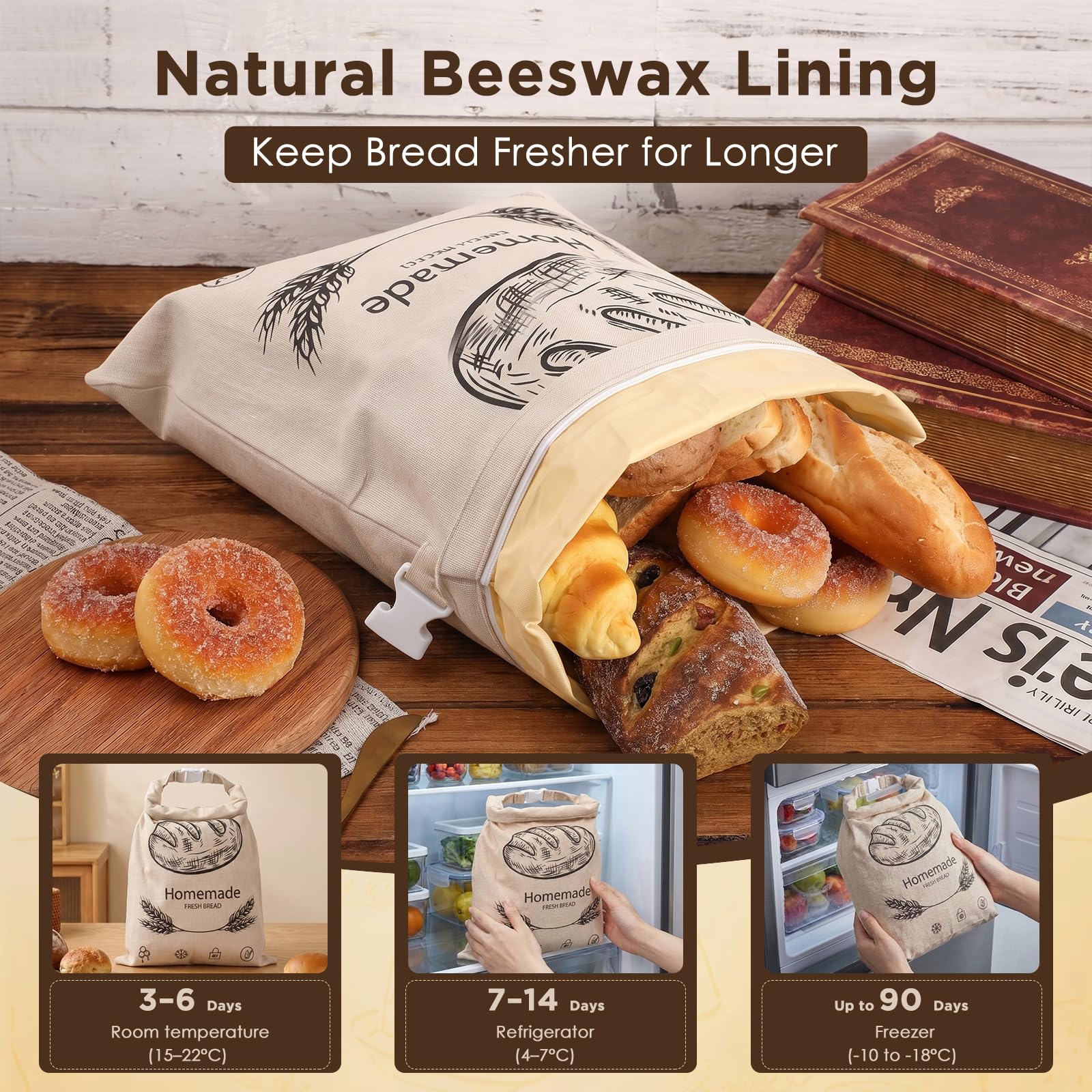 Lot di 2 Sacchetto Pane Cera D'api con Zip, 43×33 cm Sacchetti per Pane in Cera D'api, Congelatore, per Pane a Lievitazione Naturale Fatto in Casa