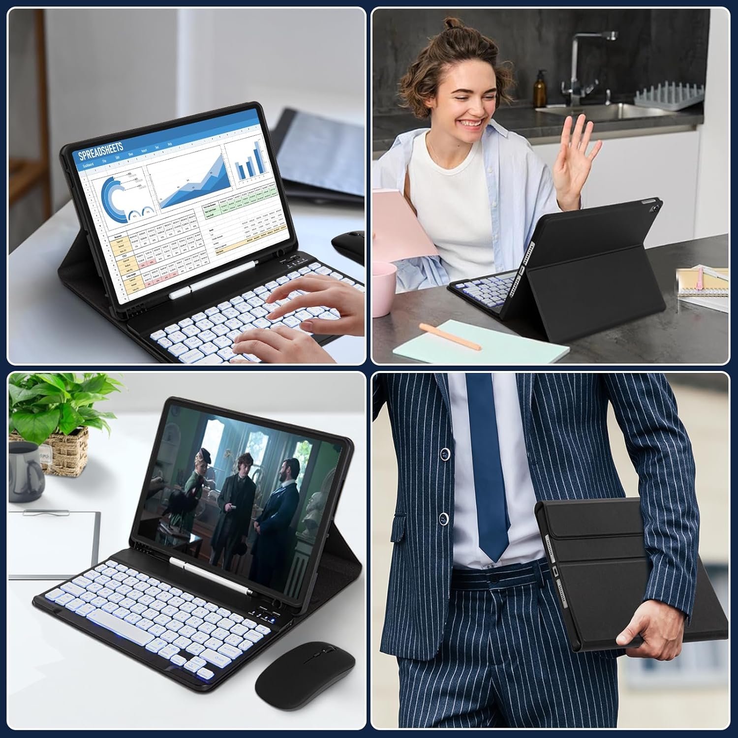 حافظة كيبورد بلوتوث عربية إنجليزية مع ماوس وحامل ت...