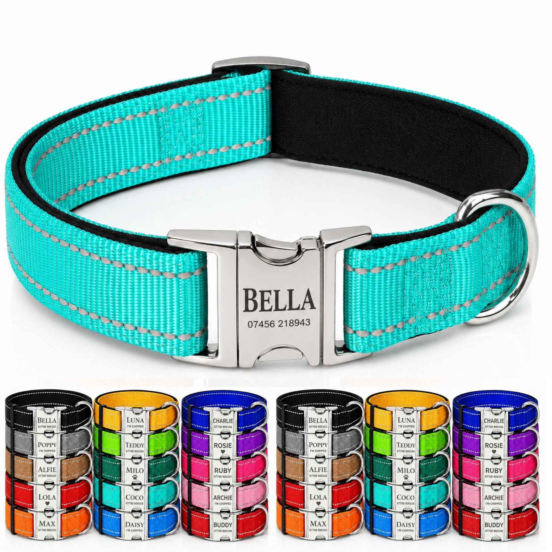 Personalised Pet Nylon Collar Custom Reflective Dog Collar Deeply Engraved In UK Name and Phone Number Adjustable Soft Collar Padded Collar For Small Medium Large Dogs Cats Sheep for Night Walking