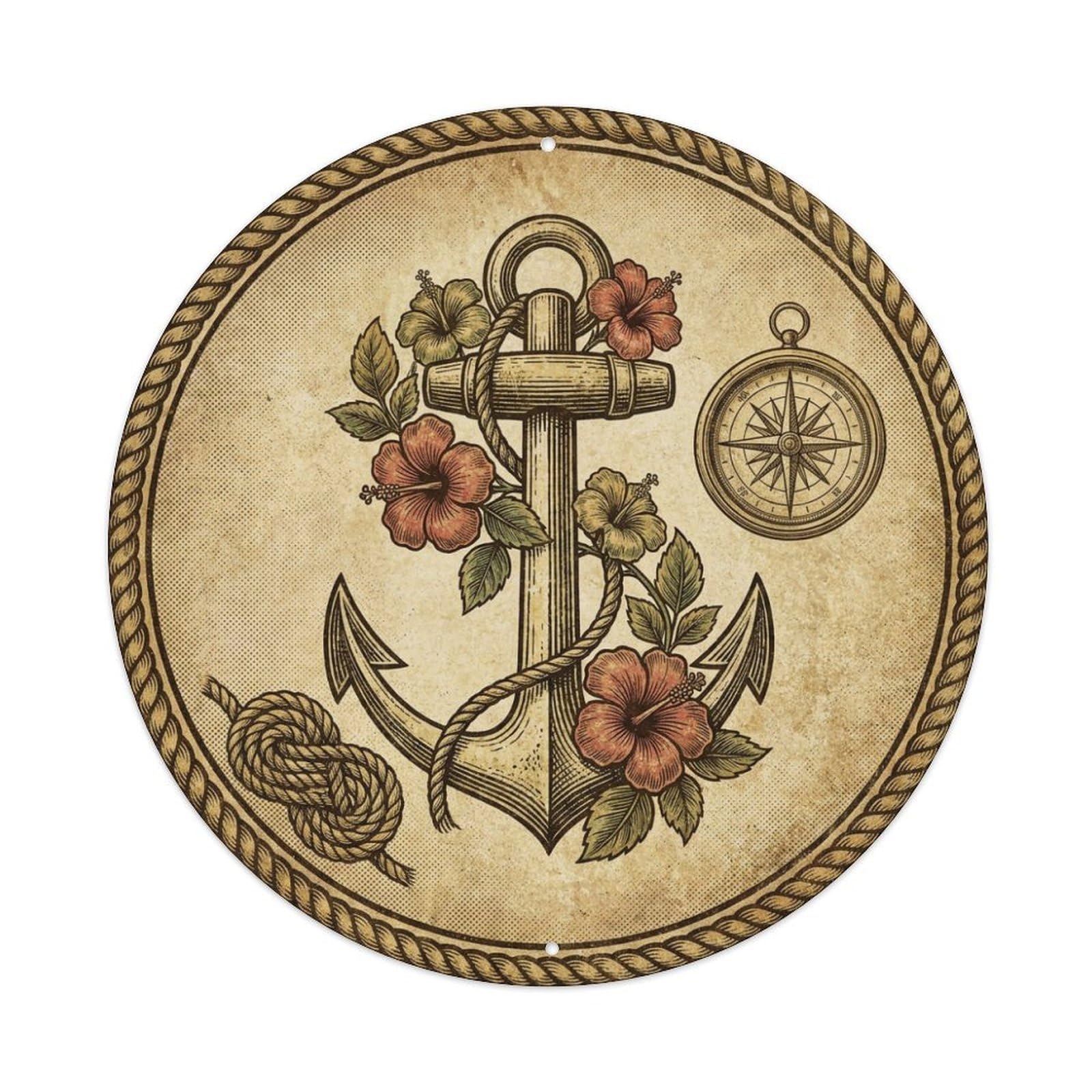 Olhnbad Style Old Chart Anchor Compass Rope Hibiscus Maritime Metal Tin Sign